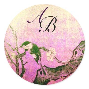 SPRING BIRD AND FLOWER TREE MONOGRAM Pink Fuchsia Classic Round Sticker