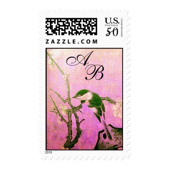 SPRING BIRD AND FLOWER TREE MONOGRAM Pink Fuchsia Postage