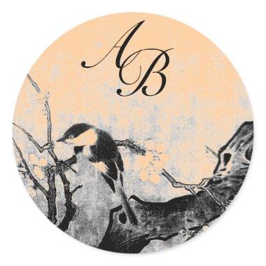 SPRING BIRD AND FLOWER TREE MONOGRAM Pink Orange Classic Round Sticker