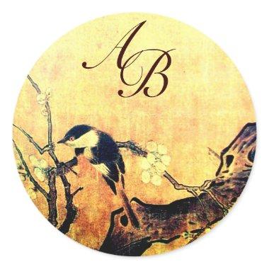 SPRING BIRD AND FLOWER TREE MONOGRAM Yellow Brown Classic Round Sticker