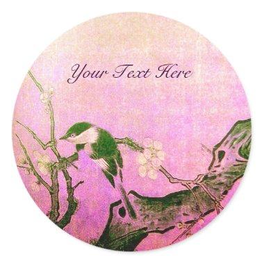 SPRING BIRD AND FLOWER TREE Pink Fuchsia Classic Round Sticker