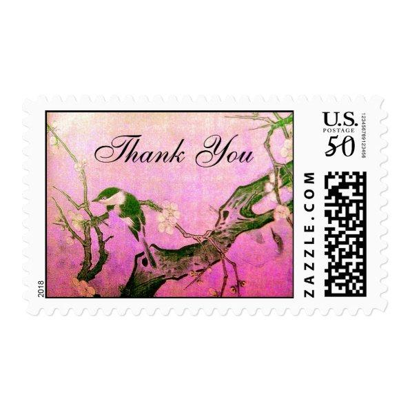 SPRING BIRD AND FLOWER TREE Pink Fuchsia Thank You Postage