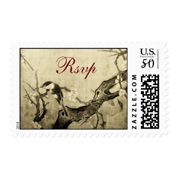 SPRING BIRD AND FLOWER TREE RSVP Brown Sepia Postage