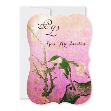 SPRING BIRD MONOGRAM Pink Fuchsia White Brown Invitations