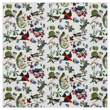 SPRING BIRDS,COLORFUL FEATHERS AND FRUITS Floral Fabric