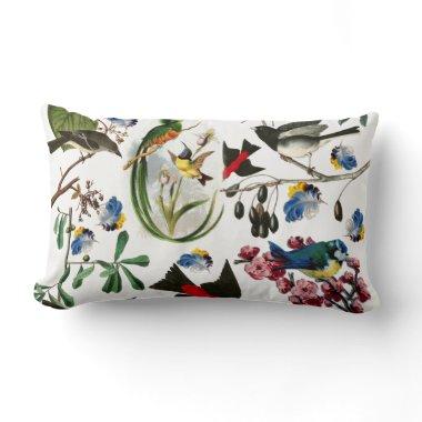 SPRING BIRDS,COLORFUL FEATHERS AND FRUITS Floral Lumbar Pillow