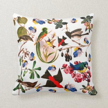 SPRING BIRDS,COLORFUL FEATHERS AND FRUITS Floral Throw Pillow