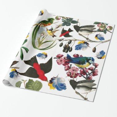 SPRING BIRDS,COLORFUL FEATHERS AND FRUITS Floral Wrapping Paper
