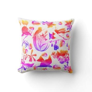 SPRING BIRDS ,FEATHERS AND FRUITS Floral Pink Blue Throw Pillow