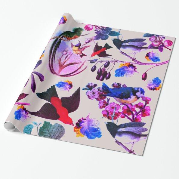 SPRING BIRDS,FEATHERS AND FRUITS Pink Blue Floral Wrapping Paper