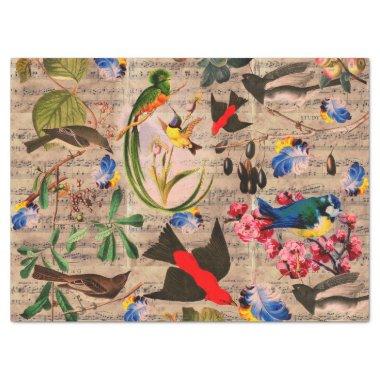 SPRING BIRDS,FEATHERS,FRUITS Floral Music Notes Tissue Paper