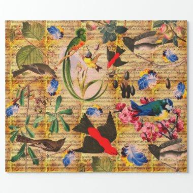 SPRING BIRDS,FEATHERS,FRUITS Music Notes Brown Wrapping Paper