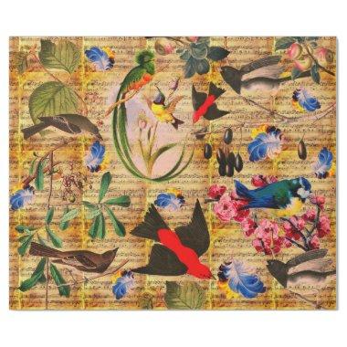 SPRING BIRDS,FEATHERS,FRUITS Music Notes Brown Wrapping Paper