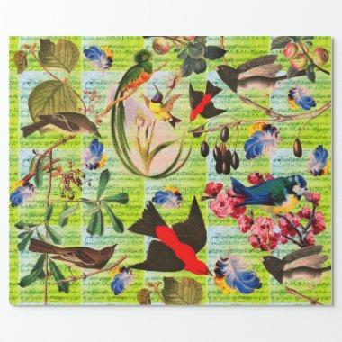 SPRING BIRDS,FEATHERS,FRUITS Music Notes Green Wrapping Paper