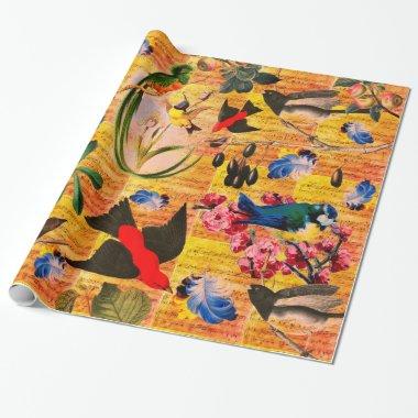 SPRING BIRDS,FEATHERS,FRUITS Music Notes Yellow Wrapping Paper