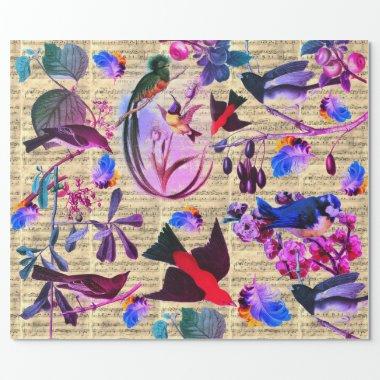 SPRING BIRDS,FEATHERS,FRUITS Pink Blue Music Notes Wrapping Paper