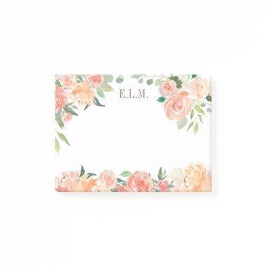 Spring Blush and Peach Watercolor Floral Monogram Post-it Notes