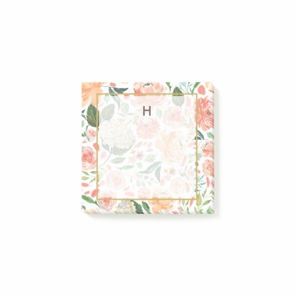 Spring Blush and Peach Watercolor Florals Monogram Post-it Notes