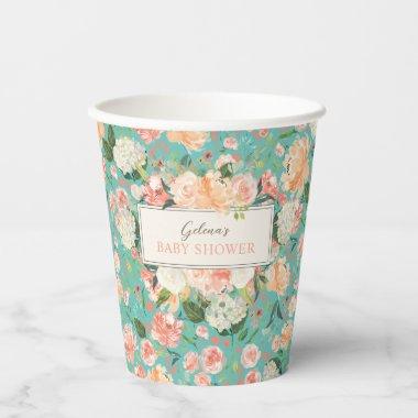 Spring Blush Floral on Custom Color Baby Shower Pa Paper Cups