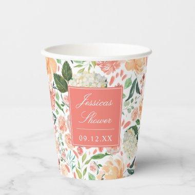 Spring Blush Floral on Custom Color Bridal Shower Paper Cups