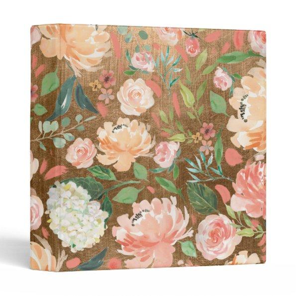 Spring Blush Peach Watercolor Floral Aged Gold Binder