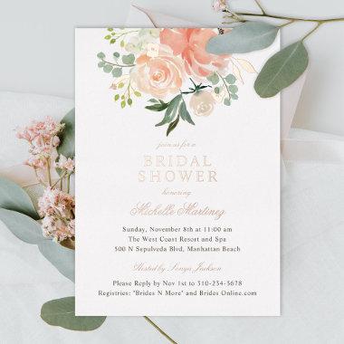 Spring Blush Peach Watercolor Floral Bridal Shower Foil Invitations
