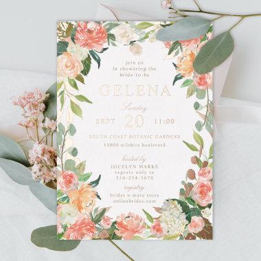 Spring Blush Peach Watercolor Floral Bridal Shower Foil Invitations