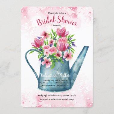 Spring Bouquet in Watering Can Bridal Shower Invitations