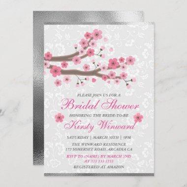 Spring Cherry Blossoms Silver Foil Bridal Shower Invitations