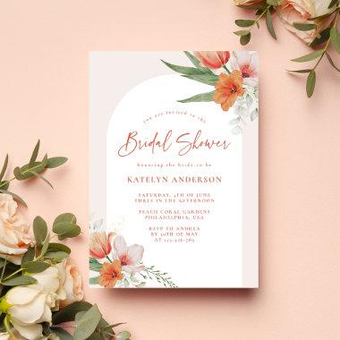 Spring Coral Peach Pink Floral Arch Bridal Shower Invitations