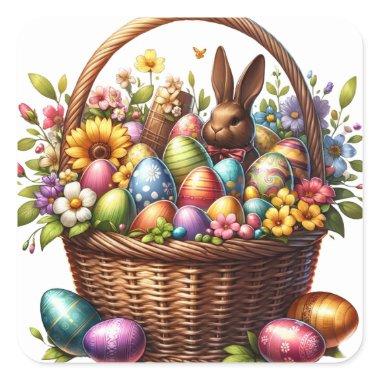 Spring Easter Basket Chocolate Bunny Eggs Flowers Square Sticker