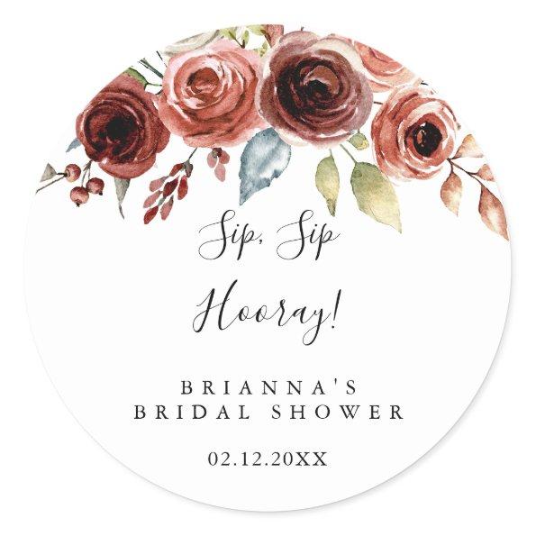 Spring Elegant Floral Sip Sip Hooray Bridal Shower Classic Round Sticker