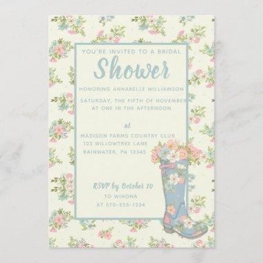 Spring Floral Blue Rain Boot Wedding Shower Invitations