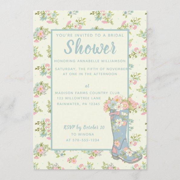 Spring Floral Blue Rain Boot Wedding Shower Invitations