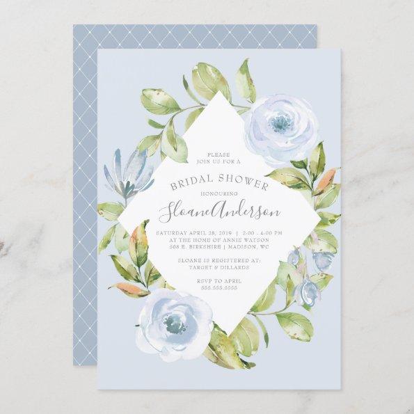 Spring Floral Diamond Dusty Blue Bridal Shower Invitations