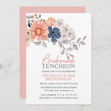 Spring Flowers Coral Navy Bridesmaids Luncheon Inv Invitations