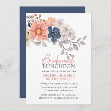Spring Flowers Coral Navy Bridesmaids Luncheon Inv Invitations