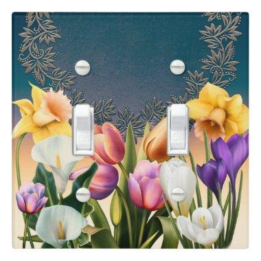 Spring Flowers Floral Frame Elegant Chic Blue Light Switch Cover