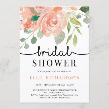 Spring peach floral handwritten bridal shower Invitations