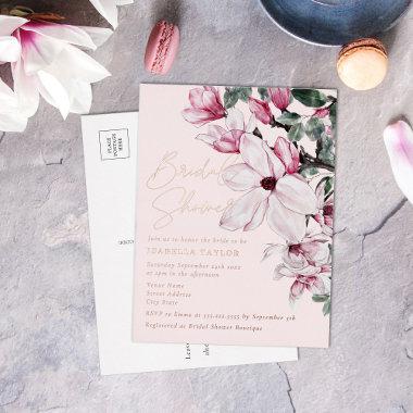 Spring Pink Floral Rose Gold Bridal Shower Foil Invitation PostInvitations