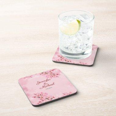 Spring Wedding Pink Cherry Blossoms Beverage Coaster