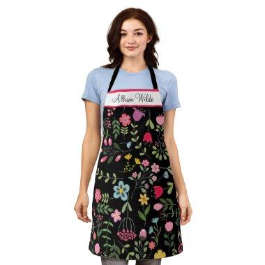 Spring Wildflowers Florals on Black Personalized Apron