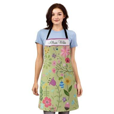 Spring Wildflowers Florals on Sage Personalized Apron