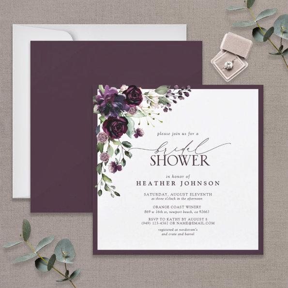 Square Plum Purple Watercolor Floral Bridal Shower Invitations