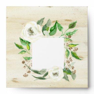 Square Return Address Boho Leaf Wreath Rose Wood Envelope