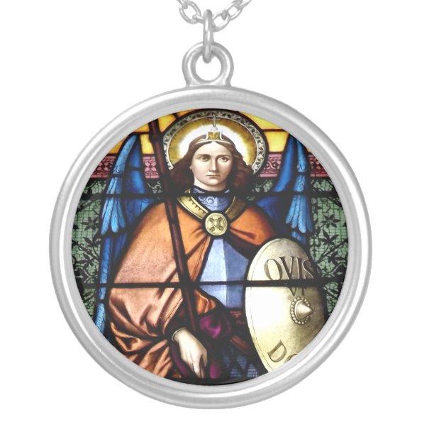 St. Michael The Archangel Stained Glass Window Silver Plated Necklace