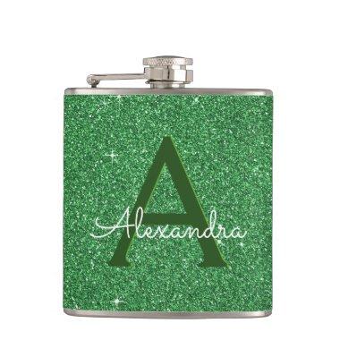 St. Patrick's Day Green Glitter & Sparkle Monogram Hip Flask
