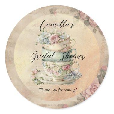 Stacked Floral Teacups Ephemera Bridal Shower Classic Round Sticker