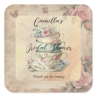 Stacked Floral Teacups Ephemera Bridal Shower Square Sticker