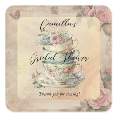 Stacked Floral Teacups Ephemera  Square Sticker